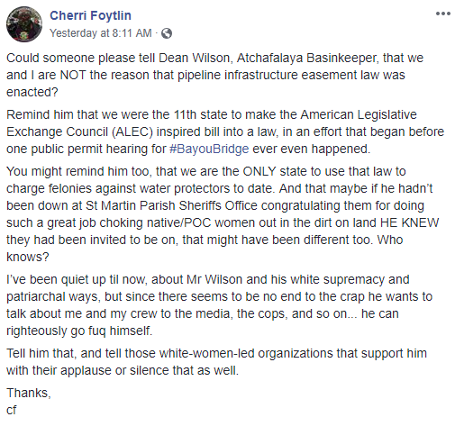 Cherri Foytlin, a member of the anti-pipeline encampment known as the L’eau Est La Vie Camp, called fellow activist and head of the on Atchafalaya Basinkeeper Dean Wilson a white supremacist.