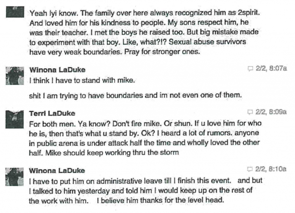 Honor the Earth Executive Director Winona LaDuke allegedly tried to silence a former employee who was sexually harassed by a coworker “credibly accused” of molesting young boys.